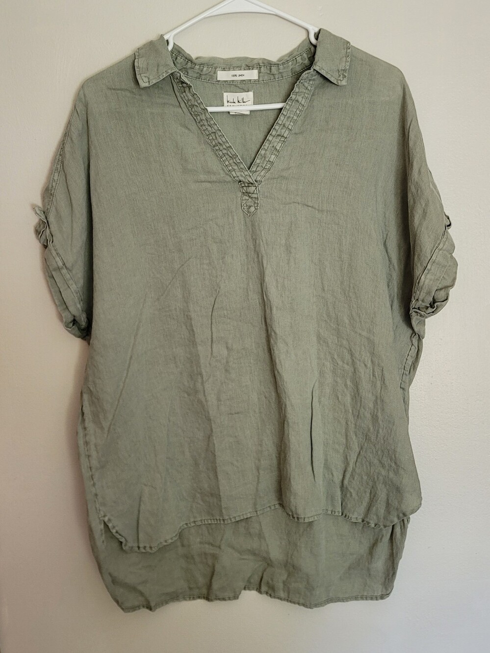 Nicole Miller Sage Green Linen V-Neck Tunic
